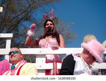 Baton Rouge, Louisiana, USA -  February 2019: People Celebrate During An Annual Mardi Gras Parade In The Spanish Town District.