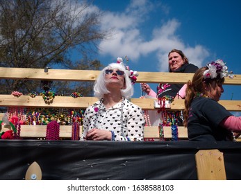 Baton Rouge, Louisiana, USA -  February 2019: People Celebrate During An Annual Mardi Gras Parade In The Spanish Town District.