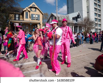 Baton Rouge, Louisiana, USA -  February 2019: People Celebrate During An Annual Mardi Gras Parade In The Spanish Town District.