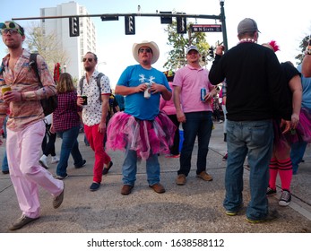 Baton Rouge, Louisiana, USA -  February 2019: People Celebrate During An Annual Mardi Gras Parade In The Spanish Town District.