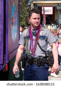 Baton Rouge, Louisiana, USA -  February 2019: People Celebrate During An Annual Mardi Gras Parade In The Spanish Town District.