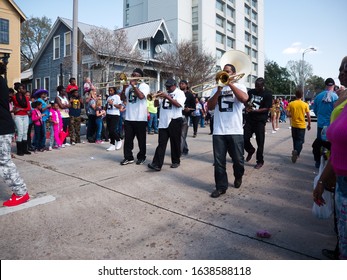 Baton Rouge, Louisiana, USA -  February 2019: People Celebrate During An Annual Mardi Gras Parade In The Spanish Town District.