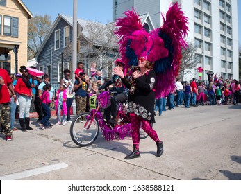 Baton Rouge, Louisiana, USA -  February 2019: People Celebrate During An Annual Mardi Gras Parade In The Spanish Town District.