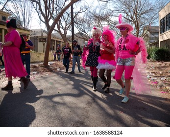 Baton Rouge, Louisiana, USA -  February 2019: People Celebrate During An Annual Mardi Gras Parade In The Spanish Town District.