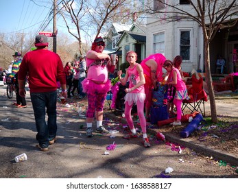 Baton Rouge, Louisiana, USA -  February 2019: People Celebrate During An Annual Mardi Gras Parade In The Spanish Town District.