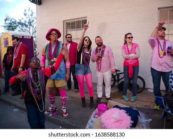 Baton Rouge, Louisiana, USA -  February 2019: People Celebrate During An Annual Mardi Gras Parade In The Spanish Town District.