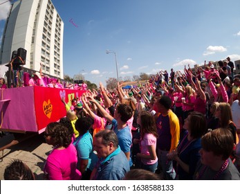 Baton Rouge, Louisiana, USA -  February 2019: People Celebrate During An Annual Mardi Gras Parade In The Spanish Town District.