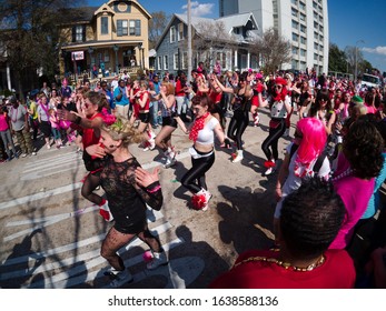 Baton Rouge, Louisiana, USA -  February 2019: People Celebrate During An Annual Mardi Gras Parade In The Spanish Town District.