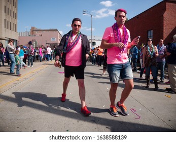 Baton Rouge, Louisiana, USA -  February 2019: People Celebrate During An Annual Mardi Gras Parade In The Spanish Town District.