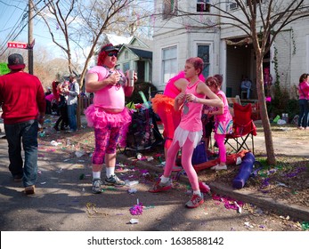 Baton Rouge, Louisiana, USA -  February 2019: People Celebrate During An Annual Mardi Gras Parade In The Spanish Town District.