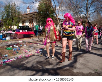 Baton Rouge, Louisiana, USA -  February 2019: People Celebrate During An Annual Mardi Gras Parade In The Spanish Town District.