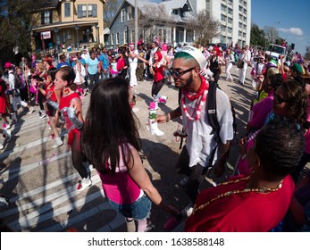 Baton Rouge, Louisiana, USA -  February 2019: People Celebrate During An Annual Mardi Gras Parade In The Spanish Town District.