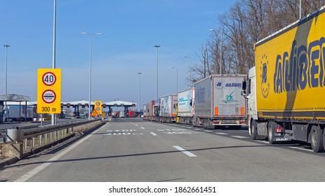 Batrovci, Serbia - February 28, 2017: Stucked Trucks At European Border Crossing In Batrovci, Serbia.