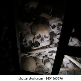 Battambang, Cambodia, 01-12-2018. A Pile Of Skulls And Bones In The Killing Caves Of Phnom Sampeau. People Murdered By The Khmer Rouge During The Cambodian Holocaust. 