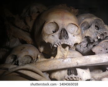 Battambang, Cambodia, 01-12-2018. A Pile Of Skulls And Bones In The Killing Caves Of Phnom Sampeau. People Murdered By The Khmer Rouge During The Cambodian Holocaust. 