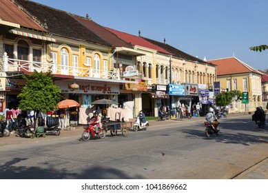 Battambang, Cambodia - 14 January 2018: Fench colonial houses at Battambang on Cambodia