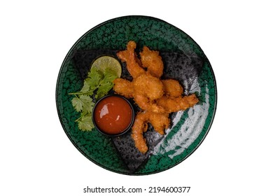 Battered Prawns With Chilli Sauce On White Background