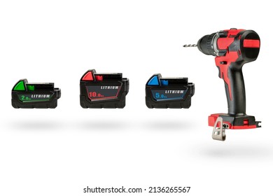 Batteries For Cordless Tools, A Large Set Of Tools From Different Angles. Batteries For A Screwdriver Of Different Capacities And Different Sizes, Isolated On A White Background. Electric Drill With