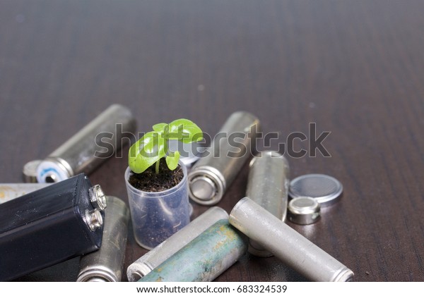 Batteries and green sprout. Recycling and\
disposal of batteries. Care for\
ecology.