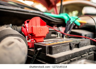 Battery Clamps Connected Empty Car Accumulator Stock Photo 1272145114 ...