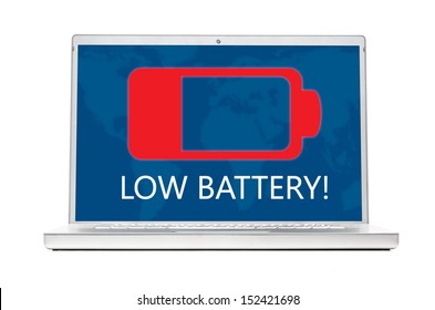 Battery Is Getting Low On Modern Laptop Isolated On White Background