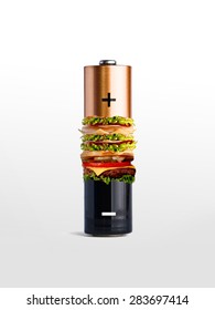 Battery And Hamburger. Fast Food Like Charging For Hungry People Isolated On White Background. Photo Compilation And Creative Art For Eating In Cafe, Shop.