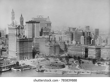 Battery Park And The Financial District In Aerial Photo Taken From A U.S. Army Plane, C. 1920. View Includes Three Towers: 26 Broadway , Singer Tower, And Woolworth Building