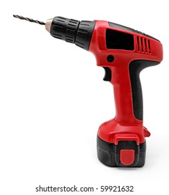 Battery Powered Red Cordless Drill On A White Background