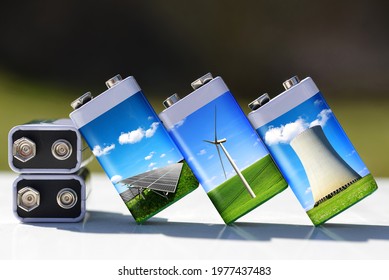 Battery With Solar Panels, Wind Turbines And Nuclear Power Plant. Energy Resources Concept. 