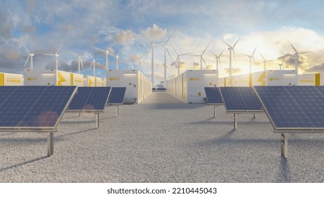 Battery storage power station accompanied by solar and wind turbine power plants. New Energy concept image - Shutterstock ID 2210445043