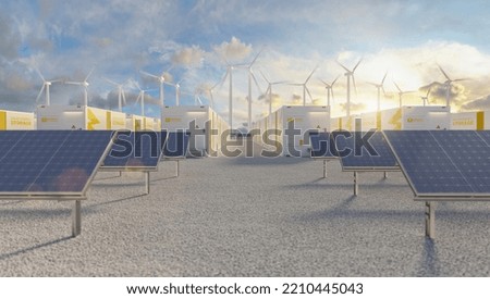 Battery storage power station accompanied by solar and wind turbine power plants. New Energy concept image