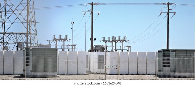 Battery storage at a Solar Farm with switchgear or switch gear in the background