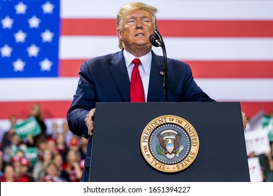 Battle Creek, Michigan, USA December 18,2019: President Donald Trump Speaking at a rally during the House of Representatives impeachment vote