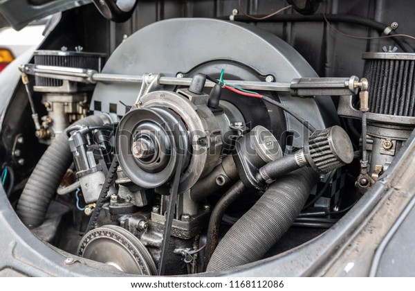 Battle Ground, WA / USA - August 25\
2018: Up close shot of the Volkswagen custom built\
engine.