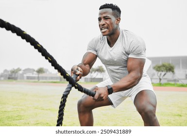 Battle rope, black man and fitness with workout for strong arm muscle development, endurance and intensity on field. Male athlete, exercise and heavy cord in sports ground for conditioning and power - Powered by Shutterstock