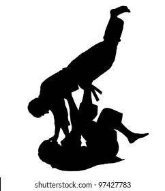 battle throw.Judo.figure in the karate fighting stance on a white background.masters of hand-to-hand fight.silhouette ,graphic