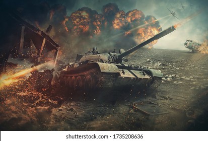 Battlefield Actions, Different Military Warships Gunfire. Fighter Jets Attacks A Tank As A Defense Mission. Explosion And Destructions Caused By War. Army Battle, Artillery Weapons Force Conflict.