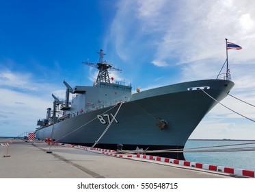 Battleship Docked At The Harbor. Bow With Anchor And Thailand Flag.