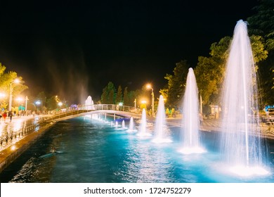 Batumi, Adjara, Georgia. Singing And Dancing Fountains Is Local Landmark At Boulevard Fountains. Night Illuminations.