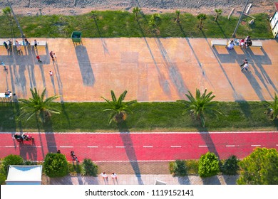 Batumi, Adjaria, Georgia - June 12 2018: New Boulevard Arial View With Bicycle Road And Walking Path. Sunset And Tropical Palms And Trees.