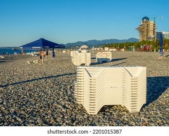 Batumi, Georgia. 09.09.2022 Beach Beds. Folded Beds. End Of The Season. On The Sunset. Beach Vacation. Resort By The Sea.