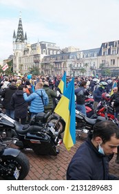 Batumi, Georgia - 28.02.2022 Motorcycle Group In The Demonstration For Solidarity With Ukraine, Stop The War, No War, Ukrainian Flag, Blue And Yellow Smoke Bomb.