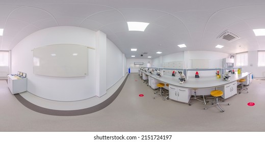 Batumi, Georgia - April 2 2022: Full 360 Degree Seamless Panorama In Equirectangular Spherical Equidistant Projection. Panorama In Interior Of Training Class Of Biology With Microscopes