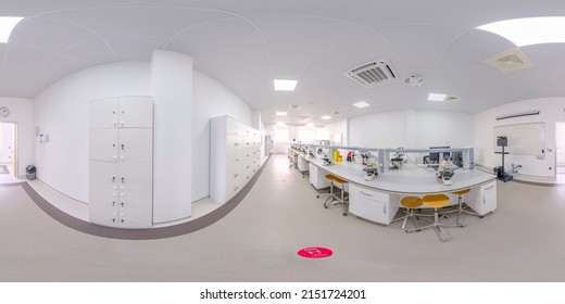 Batumi, Georgia - April 2 2022: Full 360 Degree Seamless Panorama In Equirectangular Spherical Equidistant Projection. Panorama In Interior Of Training Class Of Biology With Microscopes