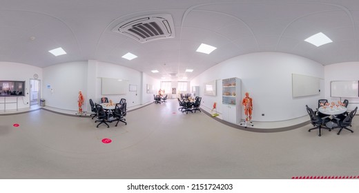 Batumi, Georgia - April 2 2022: Full 360 Degree Seamless Panorama In Equirectangular Spherical Equidistant Projection. Panorama In Interior Of Training Class Of Biology With Microscopes