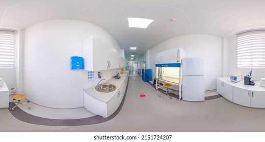 Batumi, Georgia - April 2 2022: Full 360 Degree Seamless Panorama In Equirectangular Spherical Equidistant Projection. Panorama In Interior Of Training Class Of Biology With Microscopes