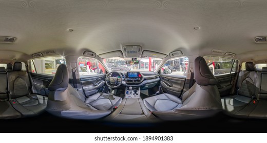 Batumi, Georgia - December 1, 2020: Full 360 by 180 degree angle equirectangular equidistant spherical panorama in the interior of prestige modern car Toyota Highlander. 360 panorama as VR content