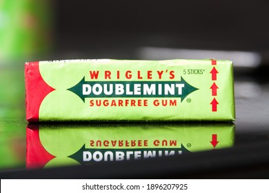Batumi. Georgia - December 14, 2020: Wrigley's Doublemint Gum closeup on table