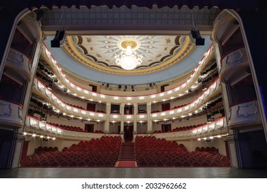 Batumi, Georgia, December, 22, 2020: Batumi Drama Theater. The Interior Of The Hall  With Red Chairs, View From The Stage 