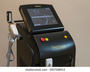 Batumi, Georgia - January 30, 2021: Soprano ice Platinum laser hair removal machine in a beauty parlor. Cosmetological epilation procedure. Laser hair removal and cosmetology.
